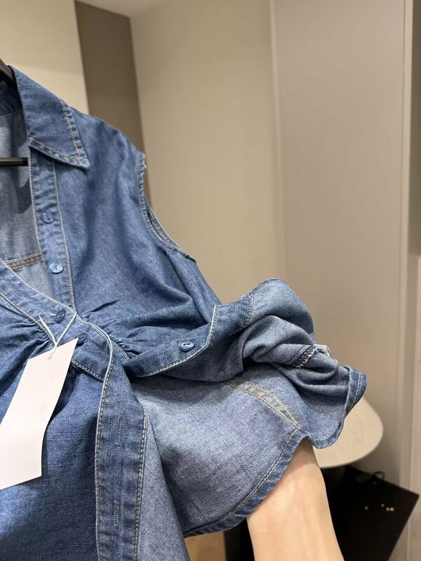 여성용 접이식 카우보이 빈티지 V넥 단추 업 조끼, 세련된 셔츠, 2024 신상 패션