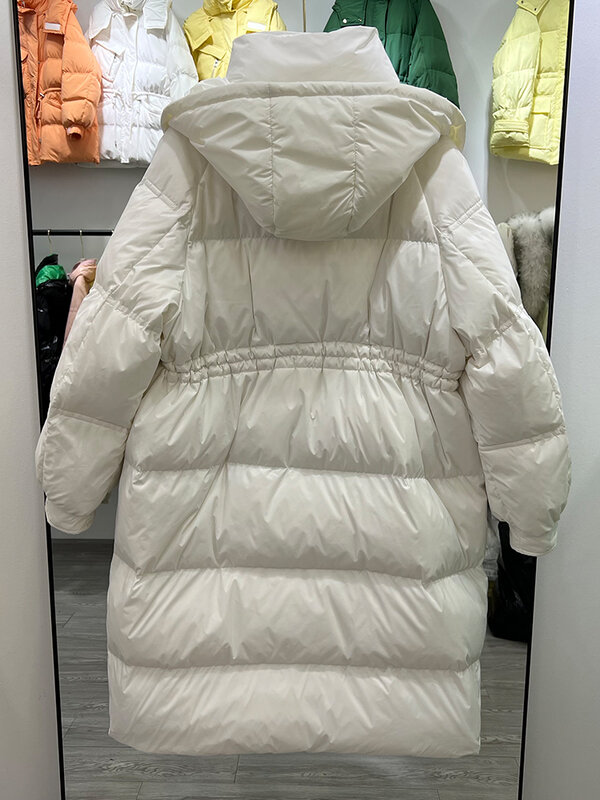 Casaco feminino longo de pato branco com capuz Puffer, parka de neve grossa quente, streetwear feminino, inverno