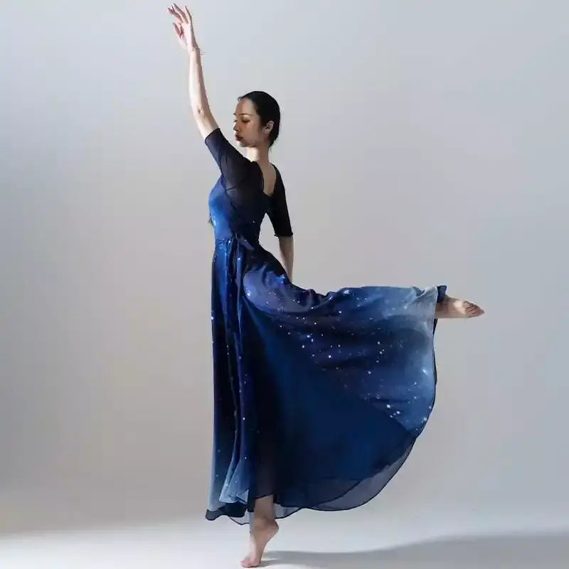 Fato de dança gradiente azul céu estrelado para mulheres, balé moderno, roupas de performance de palco saia grande, clássico
