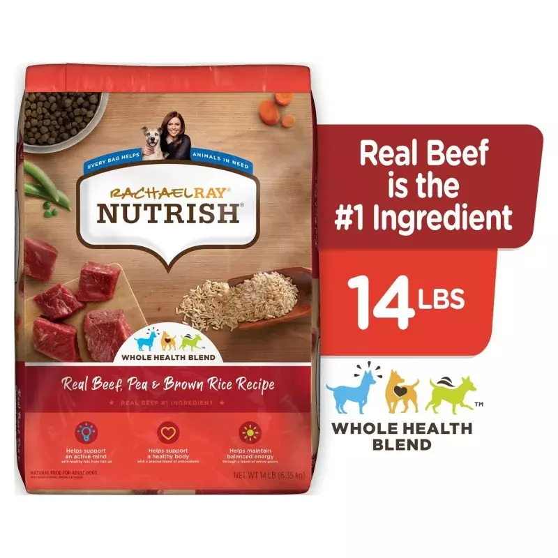 Rachael Ray Nutrish Real Dog Food, Carne, Ervilha e Arroz Integral Receita, Dry Dog Food, 14 lb Bag
