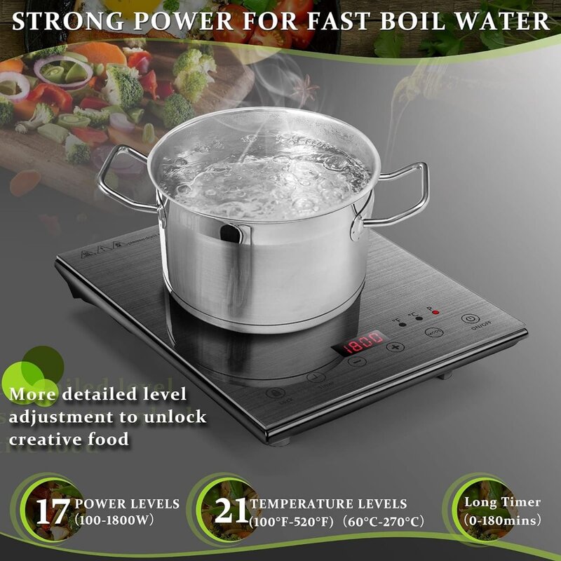 1800W Electric Induction Burner Cooktop with Child Safty Lock, 17 Power Levels 21 Temperature Setting, 3 Hours Timer