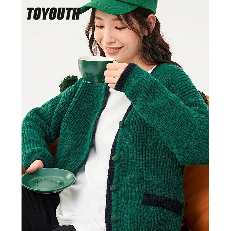 Toyouth Women Knit Cardigan 2022 Autumn Long Sleeves V Neck Loose Sweaters with Buttons Orange Green Warm Casual Chic Tops