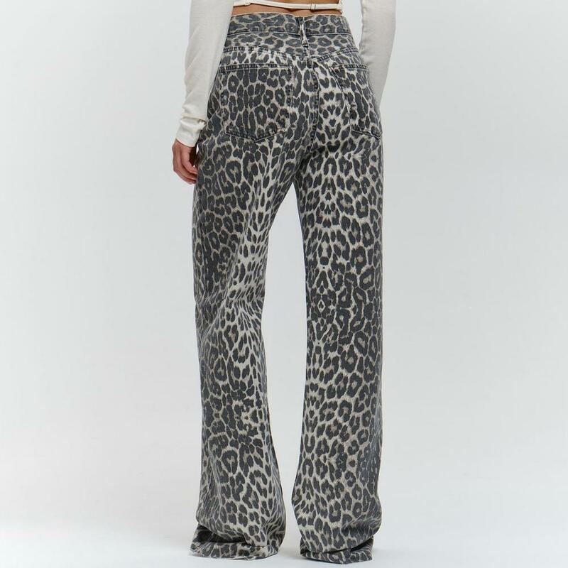 Pantalones vaqueros holgados de leopardo para mujer, pantalones de mezclilla de pierna ancha de cintura alta, ajustados, informales, de gran tamaño, a la moda, Primavera