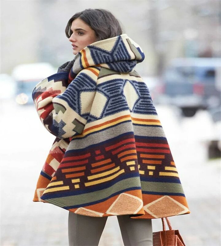 Spring/summer women's new long-sleeved hooded coat printed tweed coat