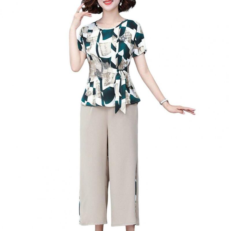 Damen zweiteiliger Anzug Blumen druck Damen Top Hose mit Schnür detail plus Größe Frauen anzug mittleren Alters mit weitem Bein