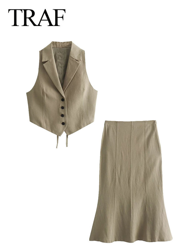 TRAF-traje de moda para mujer, chalecos de un solo pecho con cordones y cuello vuelto, faldas de cintura alta con cremallera, color liso, novedad de verano