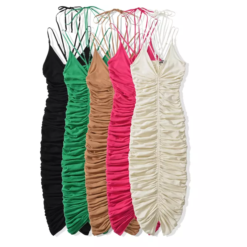 Gaun musim panas punggung terbuka tali rajut berlipit untuk wanita gaun Bodycon Pullover Vestido seksi untuk wanita