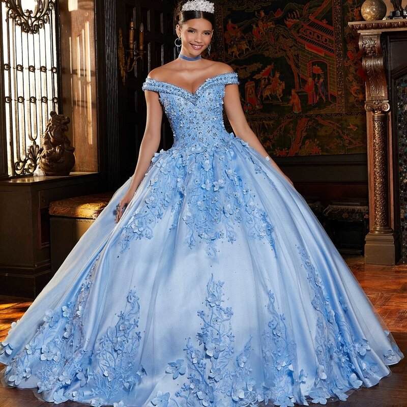 Evlast MEXICO Blue quinceanera ชุดชุดไปงานเต้นรำ3D ดอกไม้ applique beading Corset Sweet 16 15ชุดเดรส vestidos de 15 años TQD143