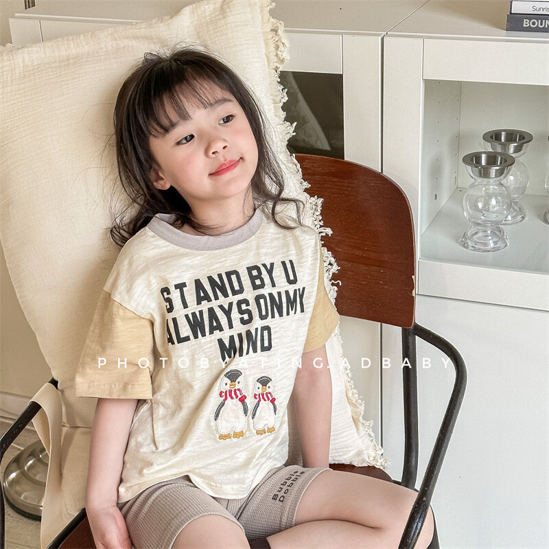 Camisetas informales de manga corta para niños y niñas, Tops de algodón con estampado de letras, bonito bordado de pingüino, novedad de verano 2024