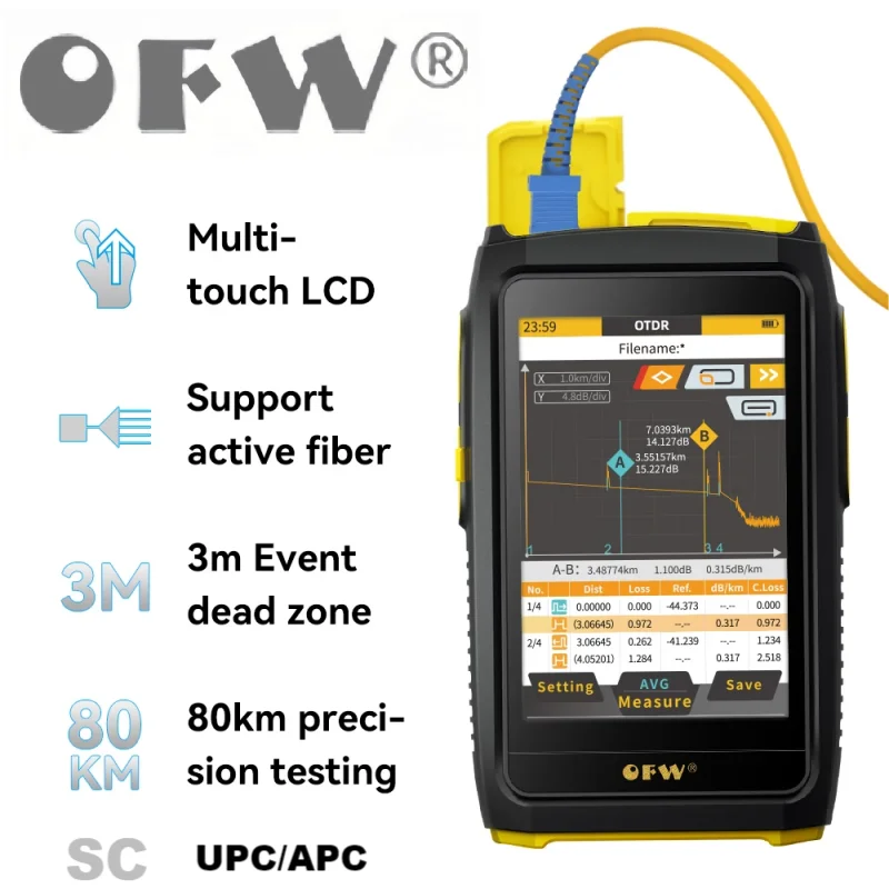 OFW Mini OTDR Fibra Ativa Teste Ao Vivo 1550nm 20dB 80KM Fibra Refletômetro Touch Screen OPM VFL OLS Tester SC APC/UPC Conector