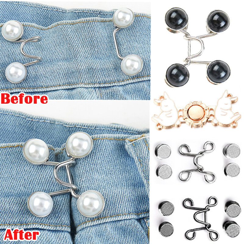 Pearl Rhinestone Jeans Button Pins Pants Snap Fastener Adjustable Tightener Waist Buckle DIY Clothing Jeans Sewing-free Buttons