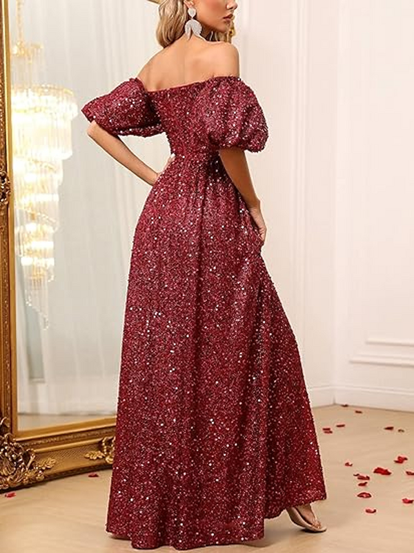 Oisslec Evening Dress Sequins Puff sleeves Prom Dress Flods Fromal Dress  Celebrity Dresses  Zipper Up Party Dress Customize