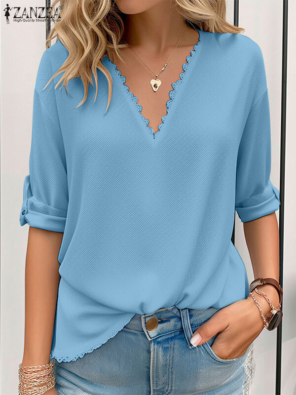 ZANZEA-Blusa informal de manga larga con cuello en V para mujer, camisa elegante de encaje de Color liso para fiesta, verano, 2024