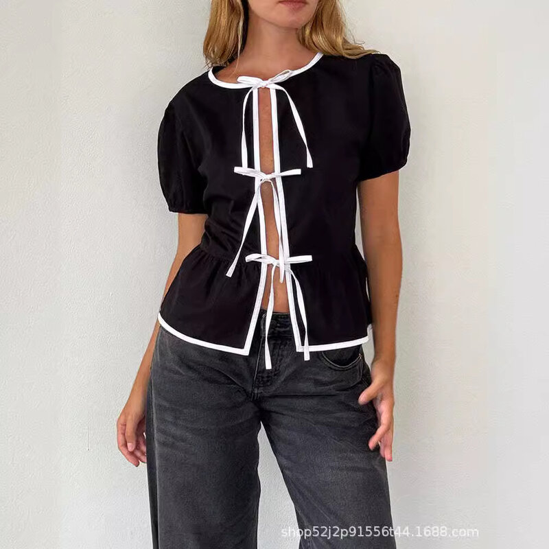 Bow Lace Up Hallow Out Women's Shirts Contrast O-neck Puff Short Sleeve Blouses 2024 Spring Summer Casual Shirt Office Lady Top
