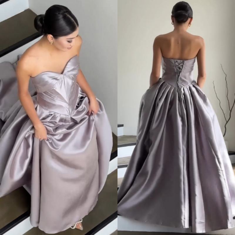 Satin Ribbon Evening A-line Strapless Bespoke Occasion Gown Long Dresses