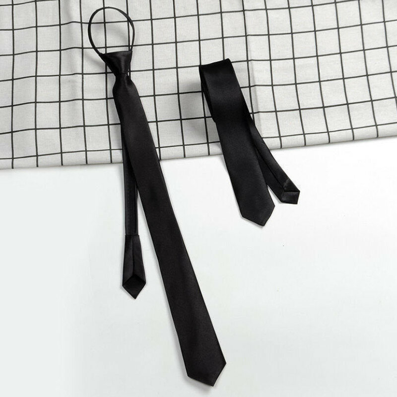 Gravata feminina fina com pescoço estilo coreano, gravata sedosa retrô com zíper, laço suave, simples e elegante, na moda e na moda, preto e preto