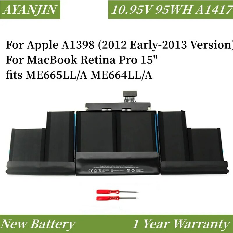10.95v 95wh a1417 bateria do portátil para apple a1398 (versão 2012 cedo-2013) para macbook retina pro 15 "se encaixa me665ll/a me664ll/a