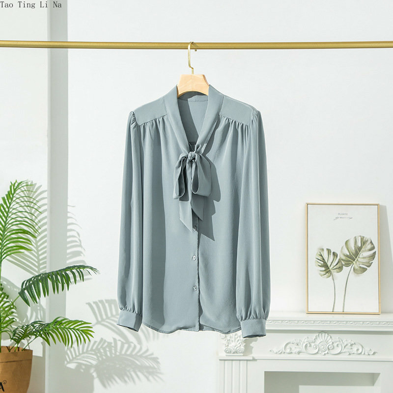 Camisa de seda de morera auténtica para mujer, camisa de manga larga con lazo, O5