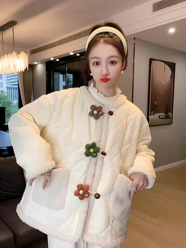 Парка на пуговицах с 3D цветами, женские зимние куртки контрастных цветов в стиле пэчворк с длинным рукавом, Женская милая одежда, пальто для женщин