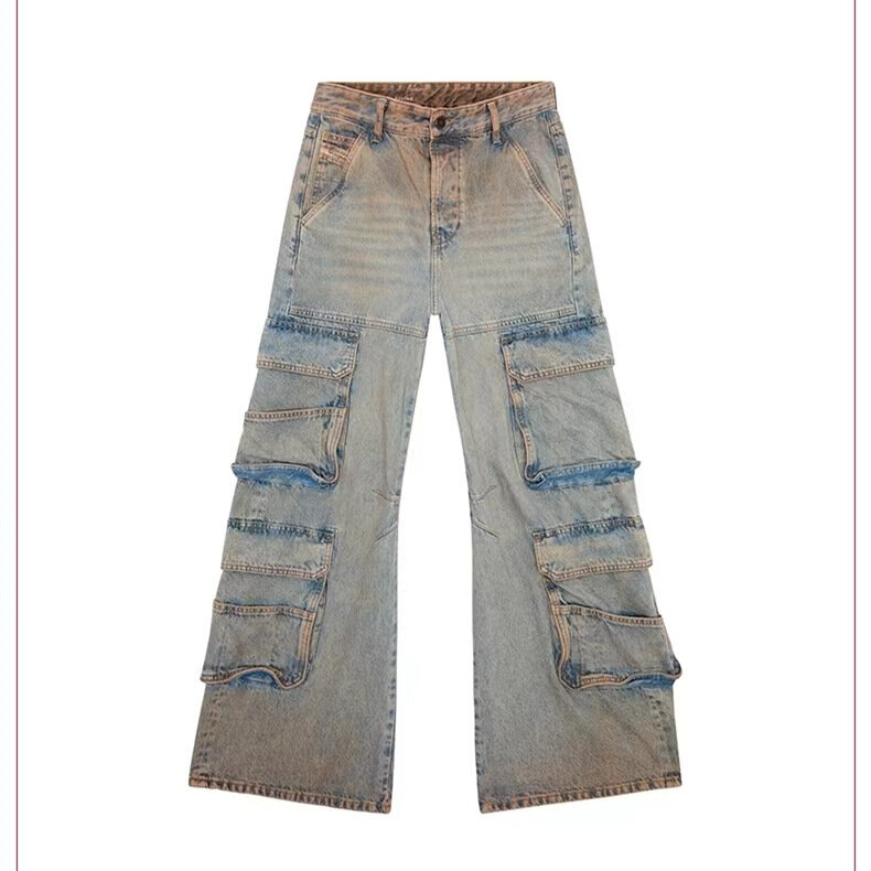 Женские джинсы с несколькими карманами, новые прямые повседневные широкие брюки