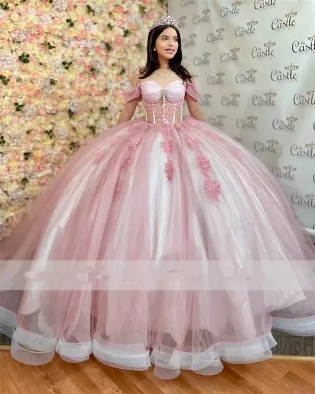 Pink Glitter Ball Gown Quinceanera Dresses Off Shoulder Crystal Sweet 16 Dress Vestido 15 Anos Princess Birthday Party Gowns