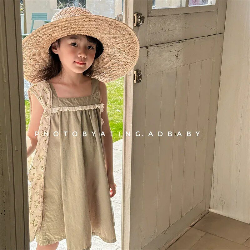 2024 Summer New Girls Sleeveless Sling Dress Solid Children Fashion Casual Dress Kids Clothes Baby Girl Holiday Princess Dress