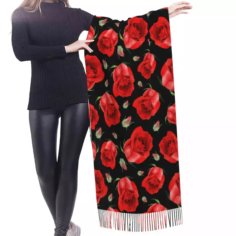 가을 겨울 따뜻한 스카프, 붉은 장미 꽃 패션 숄, 태슬 스카프, 랩 넥 머리띠, 히잡 스톨