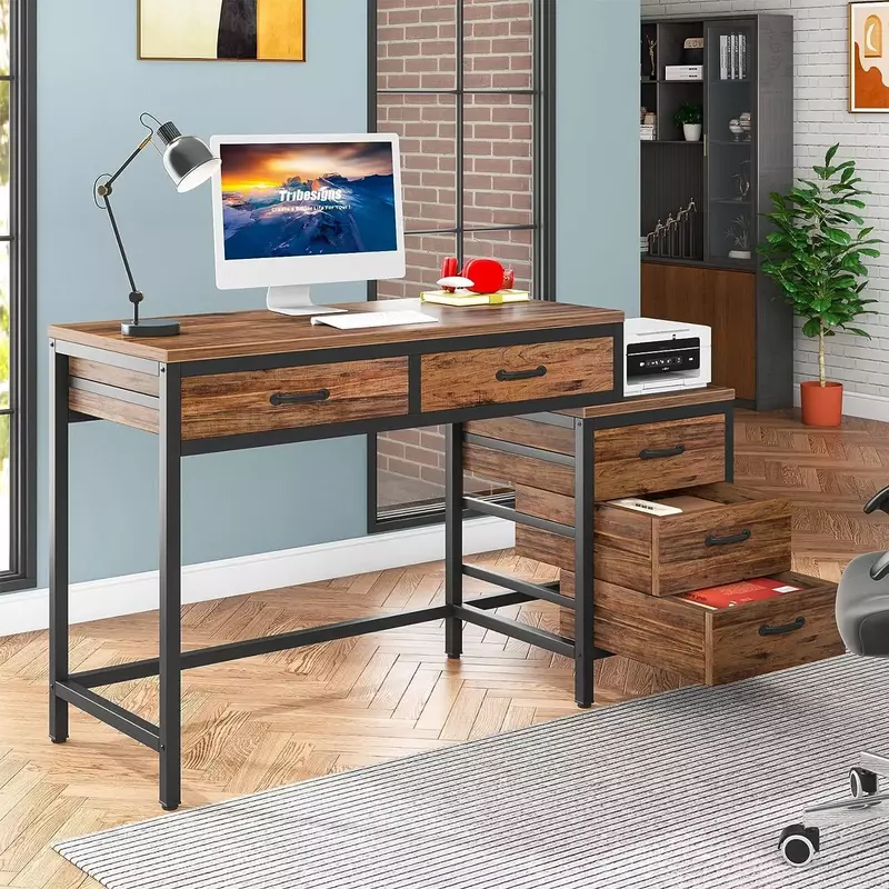 Computer Desk with 5 Drawers, Home Office Desks with Reversible Drawer Cabinet Printer Stand, Industrial PC Desk with  Storage