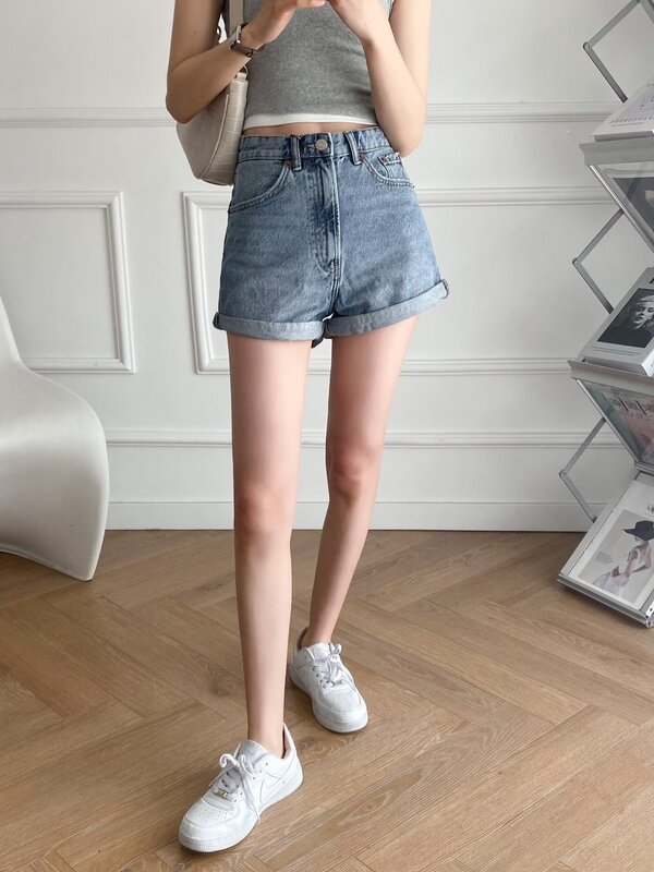 Short en jean taille haute pour femme avec poche latérale, bermuda décontracté, design de jambe frisée, fermeture éclair rétro, nouvelle mode