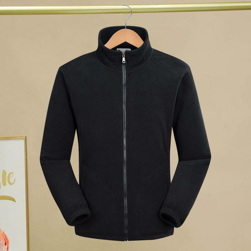 Jaqueta de lã grossa monocromática masculina, casaco de inverno, gola alta, fecho de zíper, bolsos quentes, manga comprida, outono