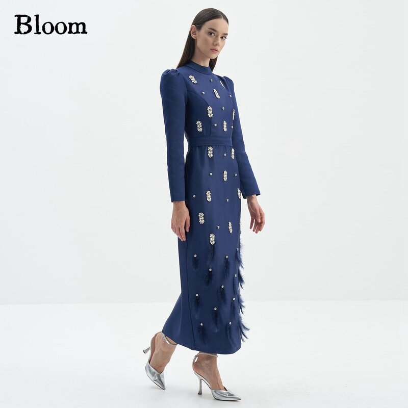 Bloom-Elegant Beads Prom Vestidos, mangas compridas, tornozelo-comprimento penas, vestidos de noite, Wedding Party Gown, Frete Grátis, Azul Marinho