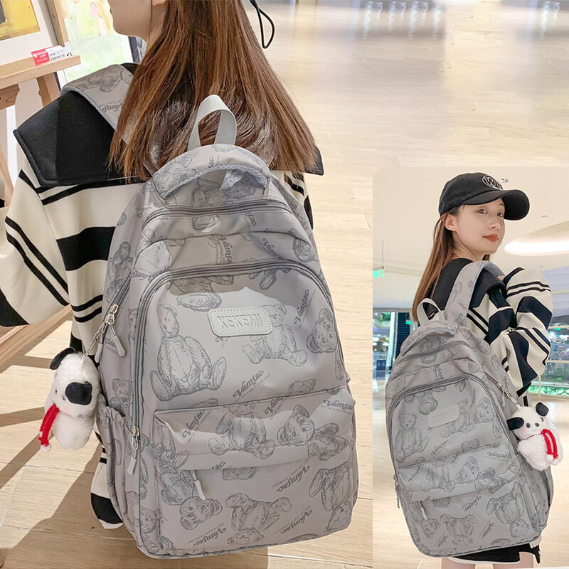 Вместительный рюкзак для ноутбука, модная Водонепроницаемая женская школьная дорожная сумка с несколькими карманами и принтом медведя для девочек-подростков