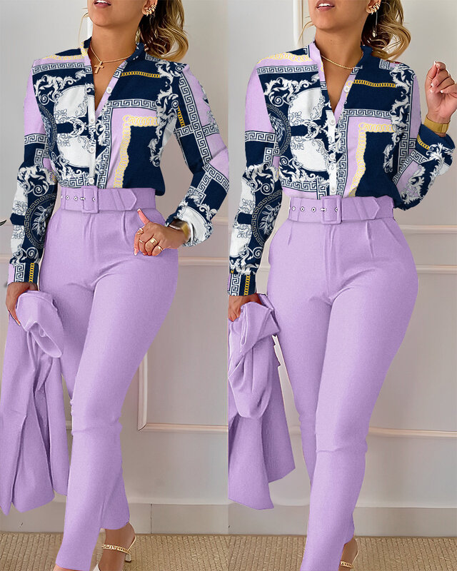 elegant print shirt and pants two piece sets women 2023 spring autumn fashion long sleeve shirts high waist pant casual suits 