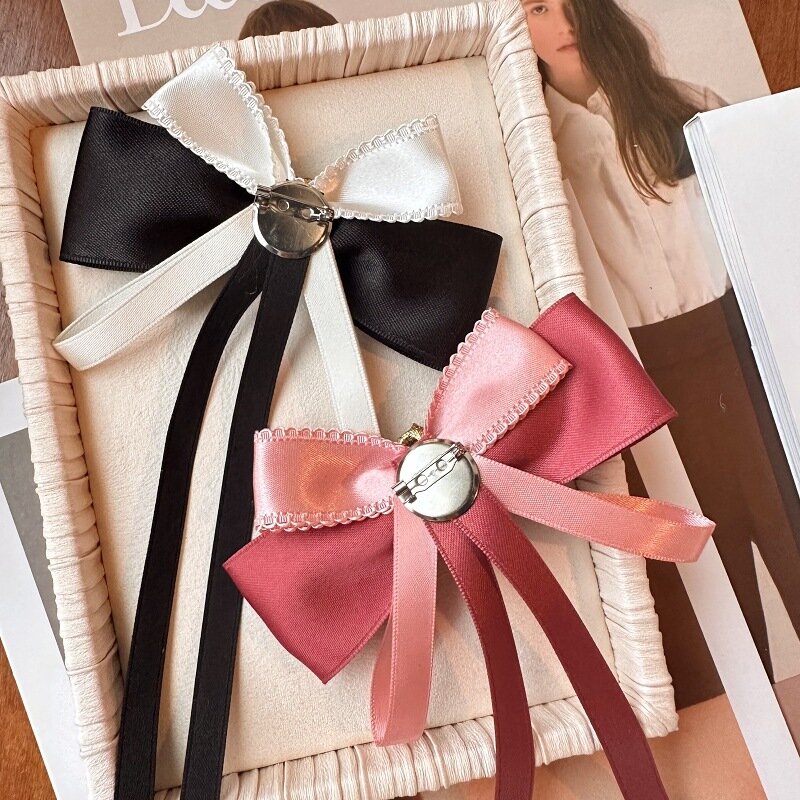 Pearl Bow Tie Brooch Korean Women's College Style Bank Suit Shirt Accessories Gifts Handmade Fabric Ribbon Collar Flowers Pins