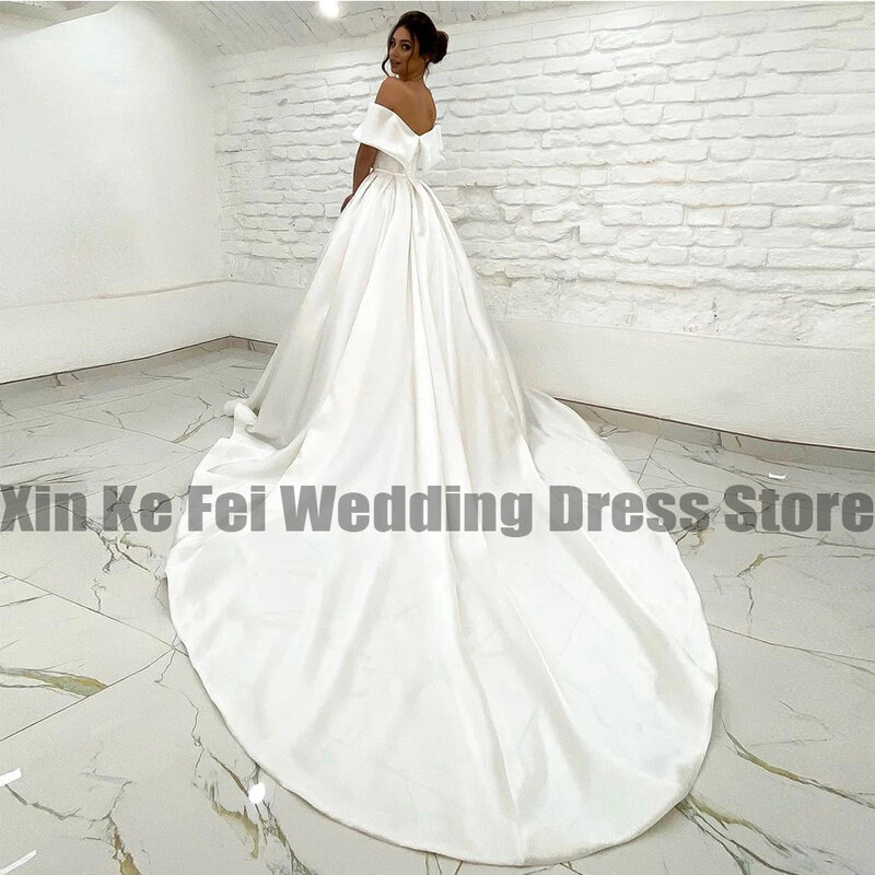 Simple Satin Wedding Dresses With Belt Cap Sleeves V neck Zipper Back Court Train Formal Bridal Gowns 2023 Vestido De Noiva Robe