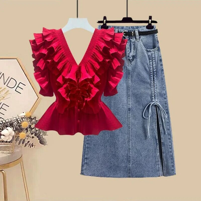 Set pakaian musim semi/panas Wanita Korea baru Atasan serbaguna Barat dengan pembungkus pinggang untuk menunjukkan rok Denim ramping Set dua potong