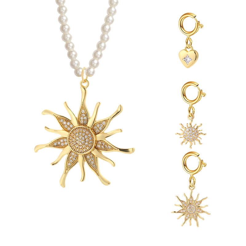 Collier Imitation perle pour femmes, bijoux soleil pendentif Pave CZ Punk pull chaîne réglable fermoir mousqueton