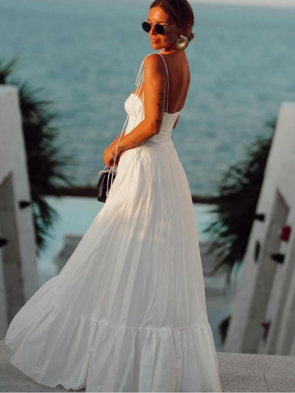 White Lace Up Strap Dress Women Sleeveless Backless High Waist Long Dresses 2024 Summer Elegant Beach Robes Female Solid Lady