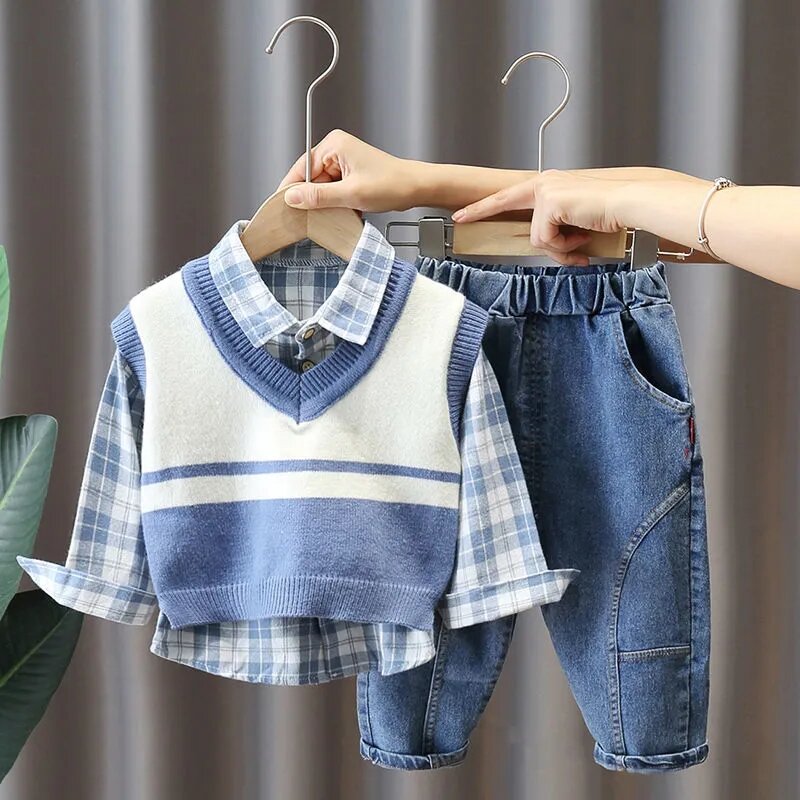 Wiosenna i zestaw ubrań na jesień dziecięca nowa koszula z długim rękawem dla chłopców kamizelka Jeans 3-częściowa zestaw zwykłej odzieży niemowlęca