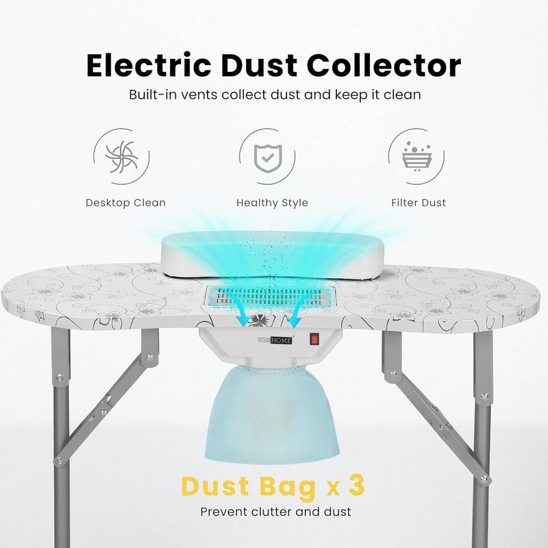 VIVOHOME Portable Manicure Nail Table on Wheels with Built-in Dust Collector, Updated USB-Plug LED Table Lamp, Carry Bag