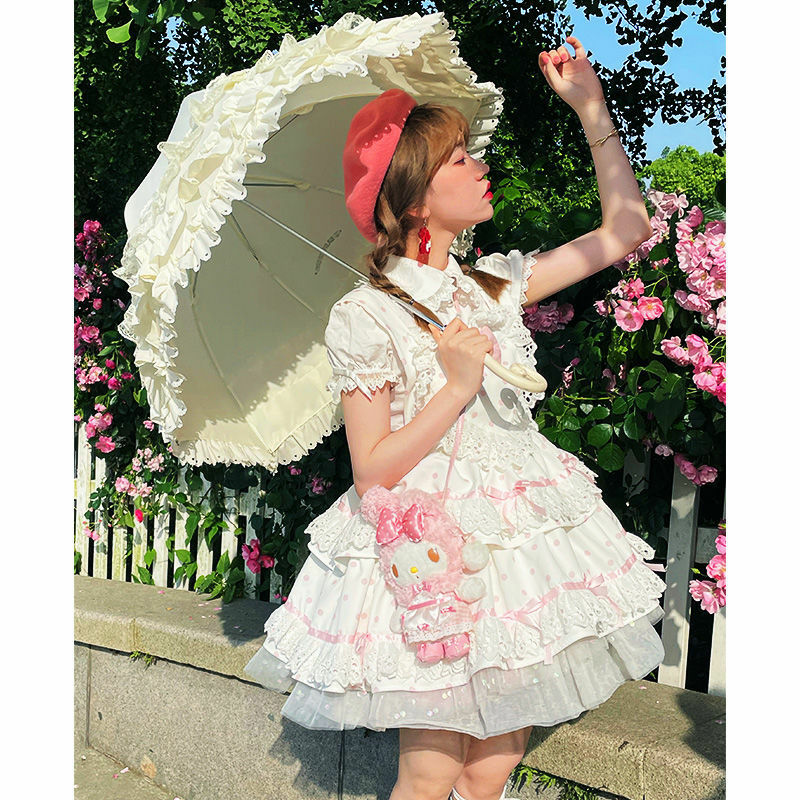 Summer Lolita JSK Dress Sweet Lolita Strap Dresses Lolita Cute Sweet Love Polka Dot Soft Girl Soft High Waist Ruffle Dress