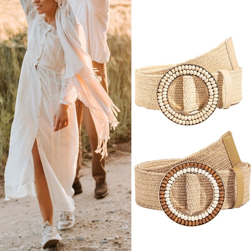 Bohemian-Style Women Belt for Dress Waist Belt Handwoven Wooden Bead Round Buckle Elastic Belt Lady Clothing Accessories