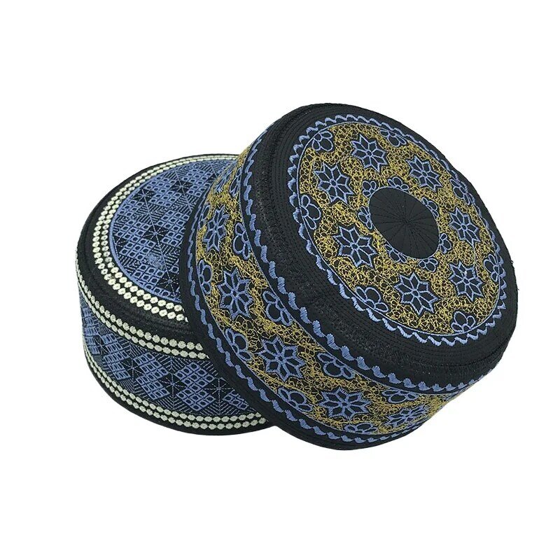 New Hui Men's Worship Hat Flat-topped Round-brimmed Gold and Blue Embroidery Saudi Hats Islam Homme Jewish Kufi Islamic Cap Men