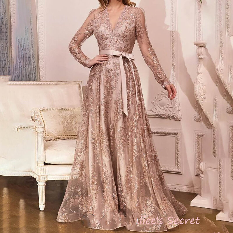A-Line Lace Prom Dresses V Neck Long Sleeves Appliques Sequined Belt Floor Length Sweep Train