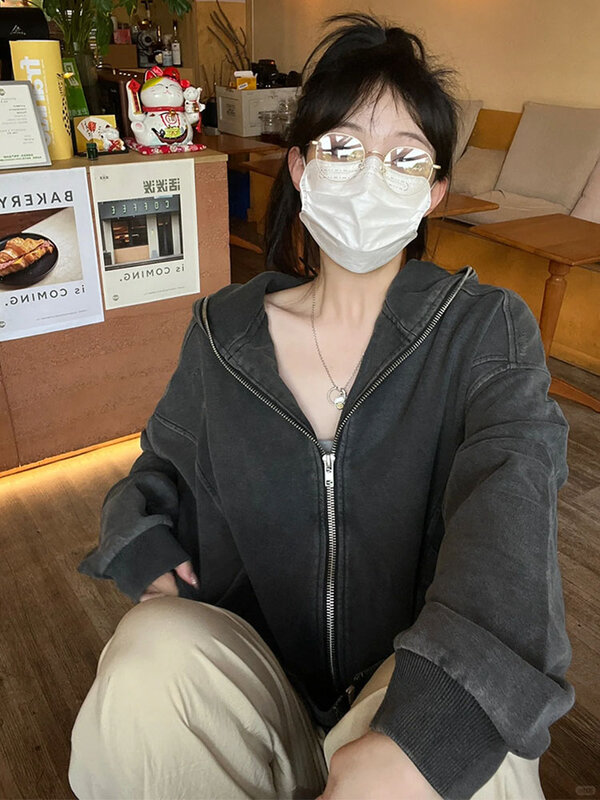 เสื้อกันหนาวสีดำของผู้หญิง Y2k เสื้อมีฮู้ดแบบสวมหัวสำหรับฤดูใบไม้ร่วงและฤดูหนาว MODE Korea 2023