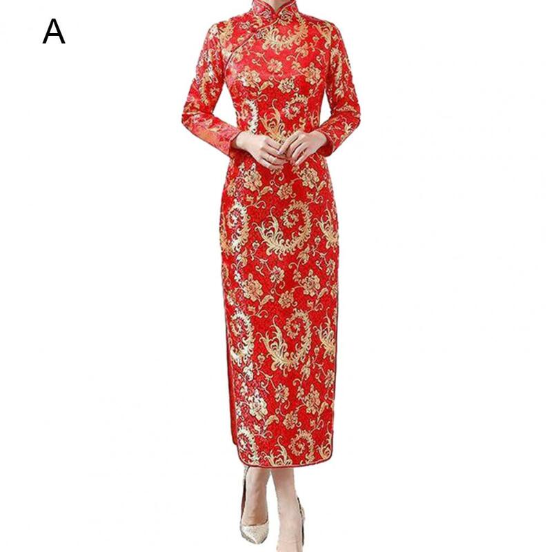 Wygodne suknia w stylu qipao eleganckie damskie Cheongsam w stylu chińskim klasyczne długie szczeliny sukienka na wesela imprezy wieczorne imprezy