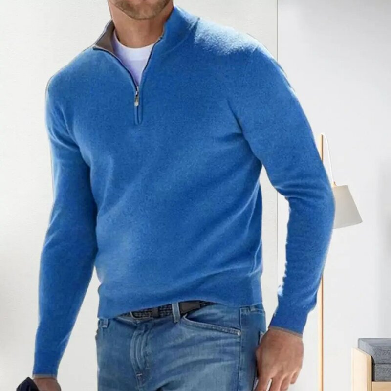 Men Fall Winter Sweater Stand Collar V Neck Solid Color Slim Fit Elastic Long Sleeve Soft Zipper Neck Men Sweater