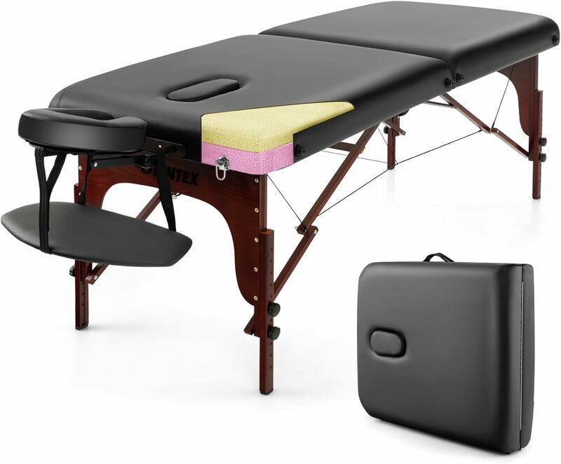 Table de massage portable avec pieds en bois de hêtre, lit pliant pour cils, mousse de qualité supérieure, étui professionnel pour salon de spa et beauté, 84 po