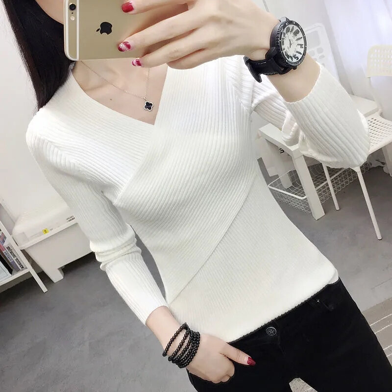 2023 New Sexy V Neck Sweater Women's Pullover Casual Slim Bottoming Sweaters Female Elastic Cotton Long Sleeve Tops Femme