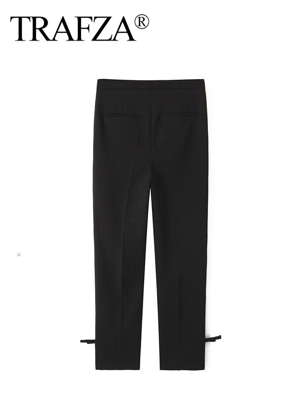 TRAFZA Women's Summer Streetwear Style Pencil Pant High Waist Hem Bow Decorate Pockets Zipper Trousers Female Fashion Long Pants